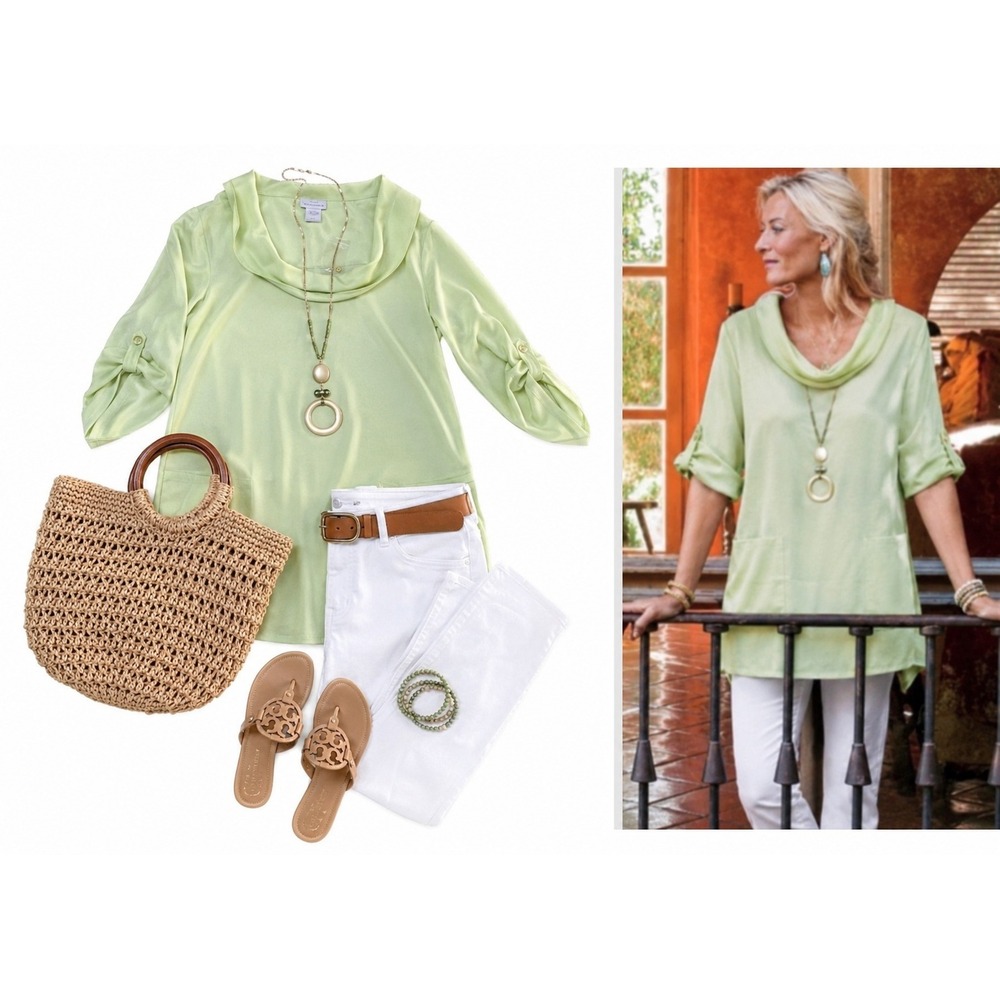 NEW Soft Surroundings Lime Green Cowl Neck Tunic Top Sz M Chic Coastal Artsy